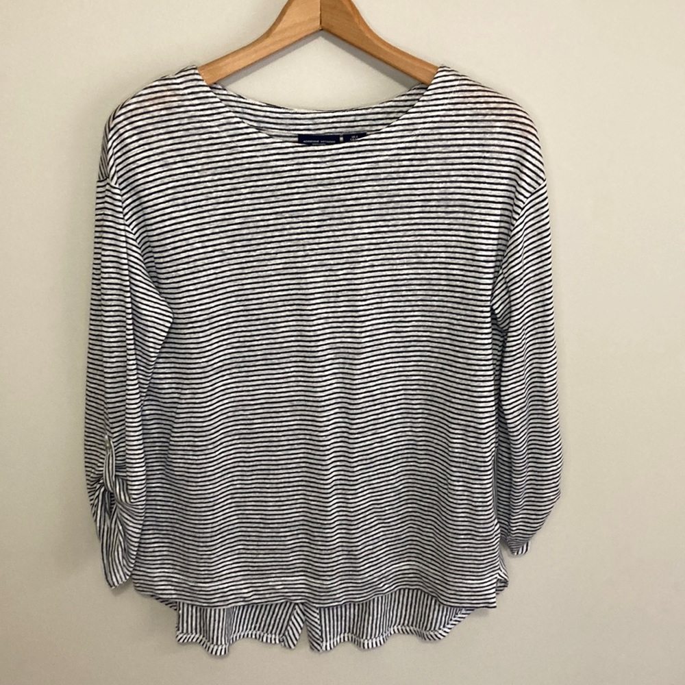 Adrienne Vittadini Linen Three-quarter Sleeve Roll Tab Stripe Top, size small